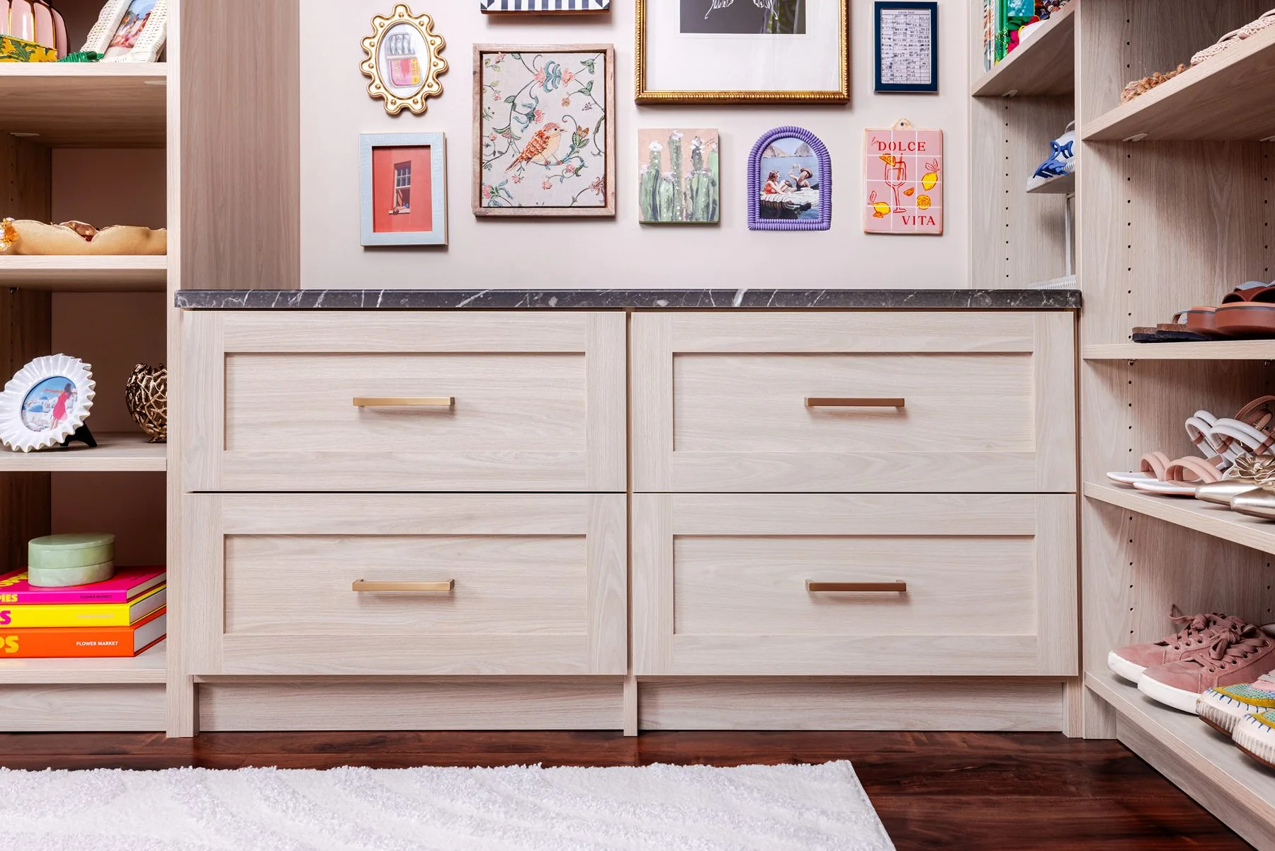 Furniture quality built-in cabinetry with drawers and open shelving